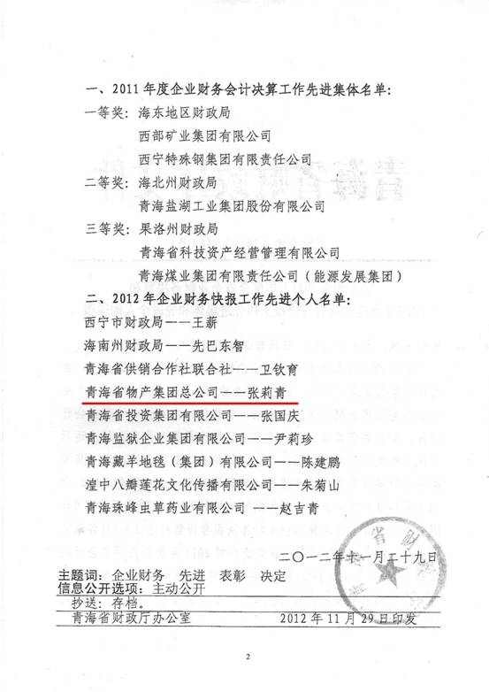 物產(chǎn)集團(tuán)榮獲2011年度財(cái)務(wù)決算先進(jìn)單位、2012年度財(cái)務(wù)快報(bào)工作先進(jìn)個(gè)人表彰